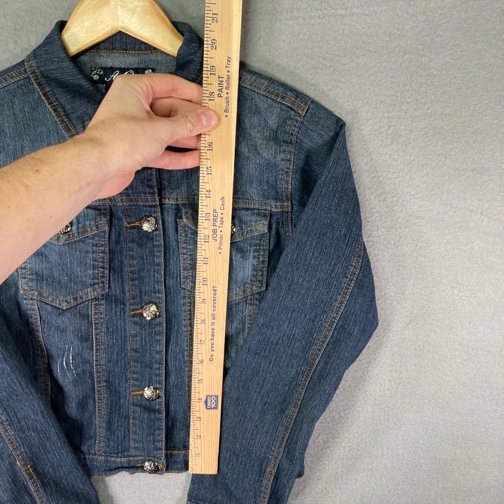 AQ Womens Denim Jacket Small Blue Rhinestone Button Jean Coat Cropped S - Picture 6 of 12